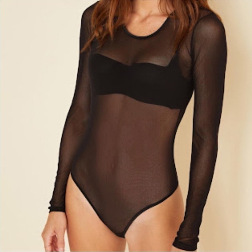 POSTER GIRL | Black Sheer Mesh Crewneck Long Sleeve Thumb Hole Snap Bodysuit